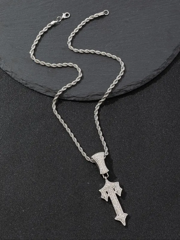 Men's Hip Hop Style Cross Pendant Necklace, Rhinestone Decor Cuban Chain Necklace, Punk Style Jewelry for Party, Daily Decor for Boy 5