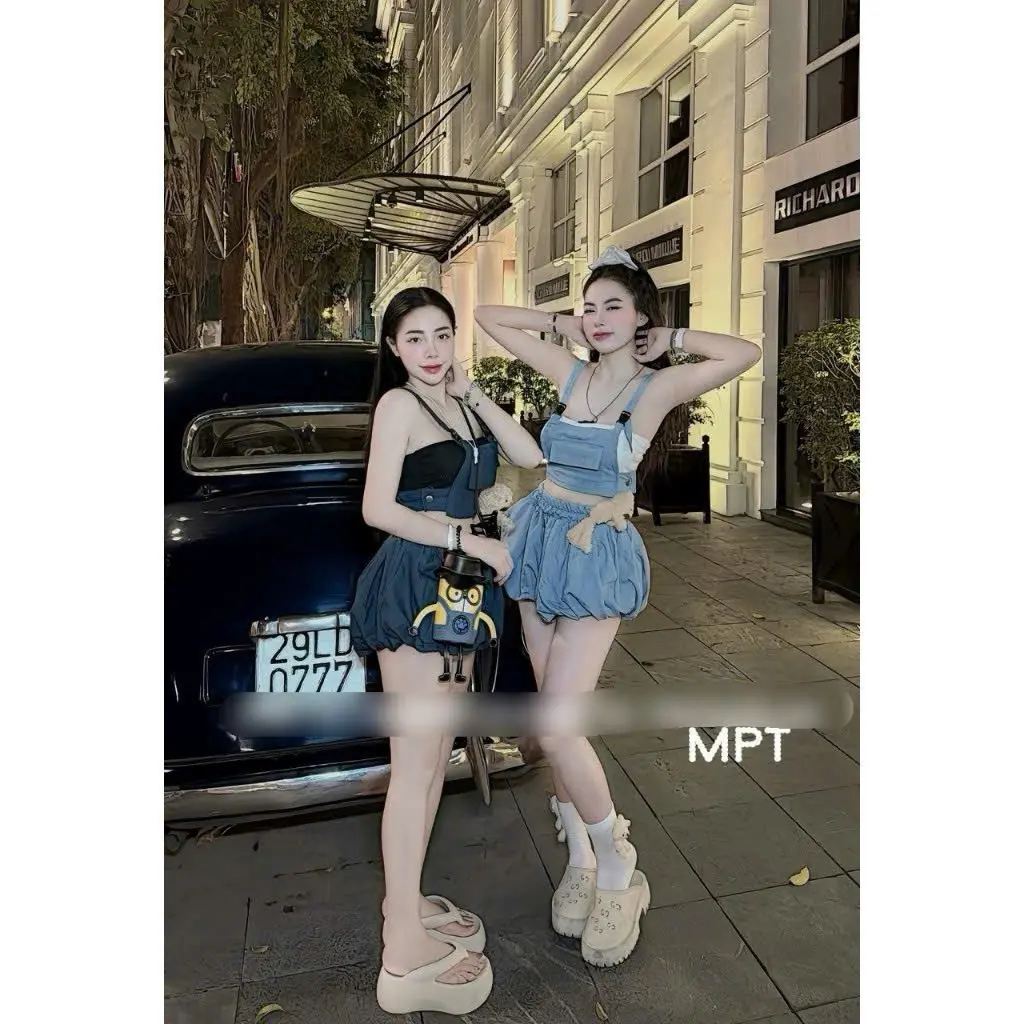 Set ĐÙI thời trang nữ măc đi chơi siêu cute áo yếm jean CÓ GẤU kèm áo ống croptop  quần bí phồng chất xịn QC 2 MÀU