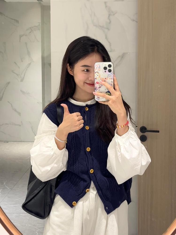 Product Introduction of Áo Len Và Áo Vest Dệt Kim, Màu Xanh Đậm, Thiết Kế Xoắn Lười Biếng, Dễ Thương, Dành Cho Nữ, Bộ Đồ Hai Mảnh, Áo Sơ Mi Dài Tay Mùa Thu, Trông Trẻ Trung 6