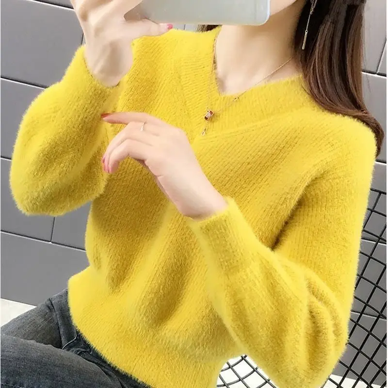 Áo Len Ngắn Lông Chồn Cho Nữ, Áo Chui Đầu Mới, Quần Áo Dệt Kim Dày, Áo Lớp Cơ Bản, Áo Cổ Chữ V Dáng Rộng Vừa Vặn Cho Mùa Thu Và Mùa Đông 5