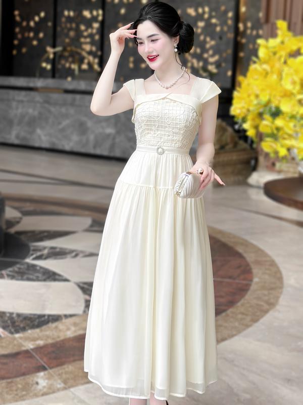 [MIỄN SHIP] MDU4048 Váy với chất liệu Tơ óng cao cấp - Thiết Kế Dáng Dài Thanh Lịch Dành Cho Nữ Women Dress  Kem 1
