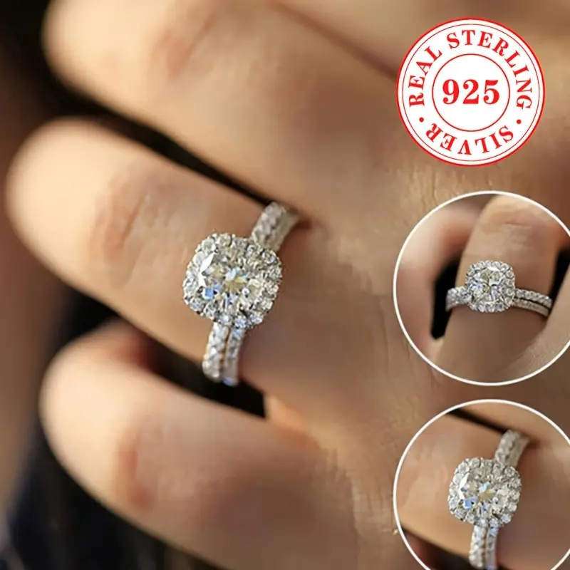 2pcs Women's Ring Set 4.9g S925 Pure Silvery Inlaid Zirconium Ring for Engagement and Wedding Jewelry Accessories 6