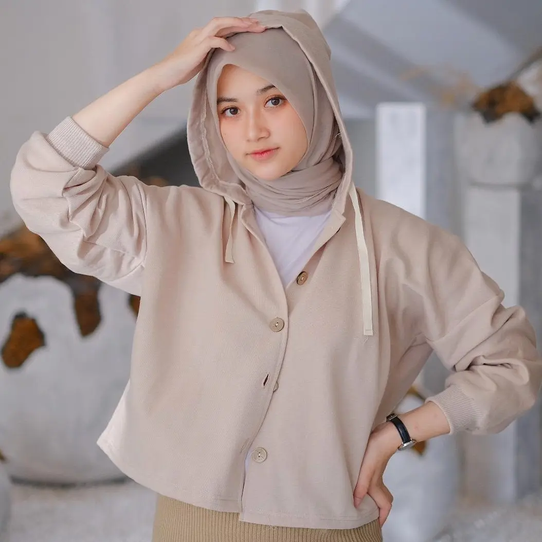 ALEA Hoodie Keren Crop Button Fleece Lembut Tangan Panjang Wanita Sweater