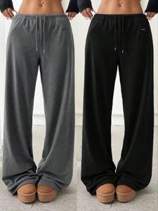 Pantalones de chándal de forro polar con cordón de color liso para mujer, pantalones midi informales y cómodos para el día a día, pantalones de otoño e invierno para mujer