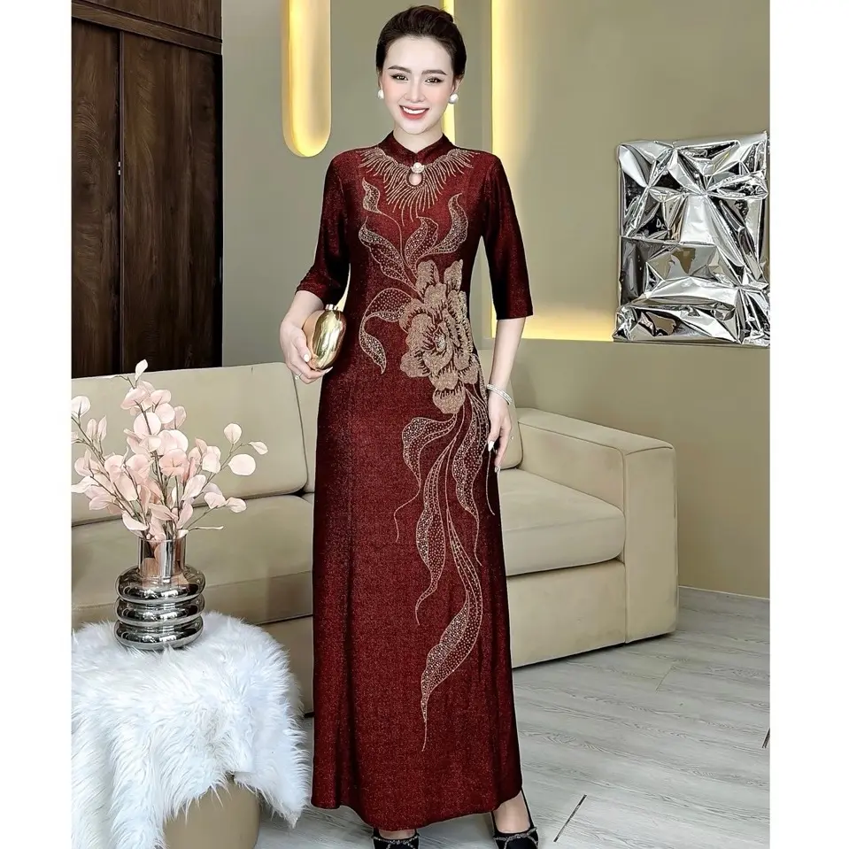 Đầm Trung Niên Dáng Dài M558 cách tân Vải nhủ co giãn Từ 48-75kg cho mẹ dự tiệc Ôm gọn Thanh lịch Dress Váy Nữ Xanh Women Thun