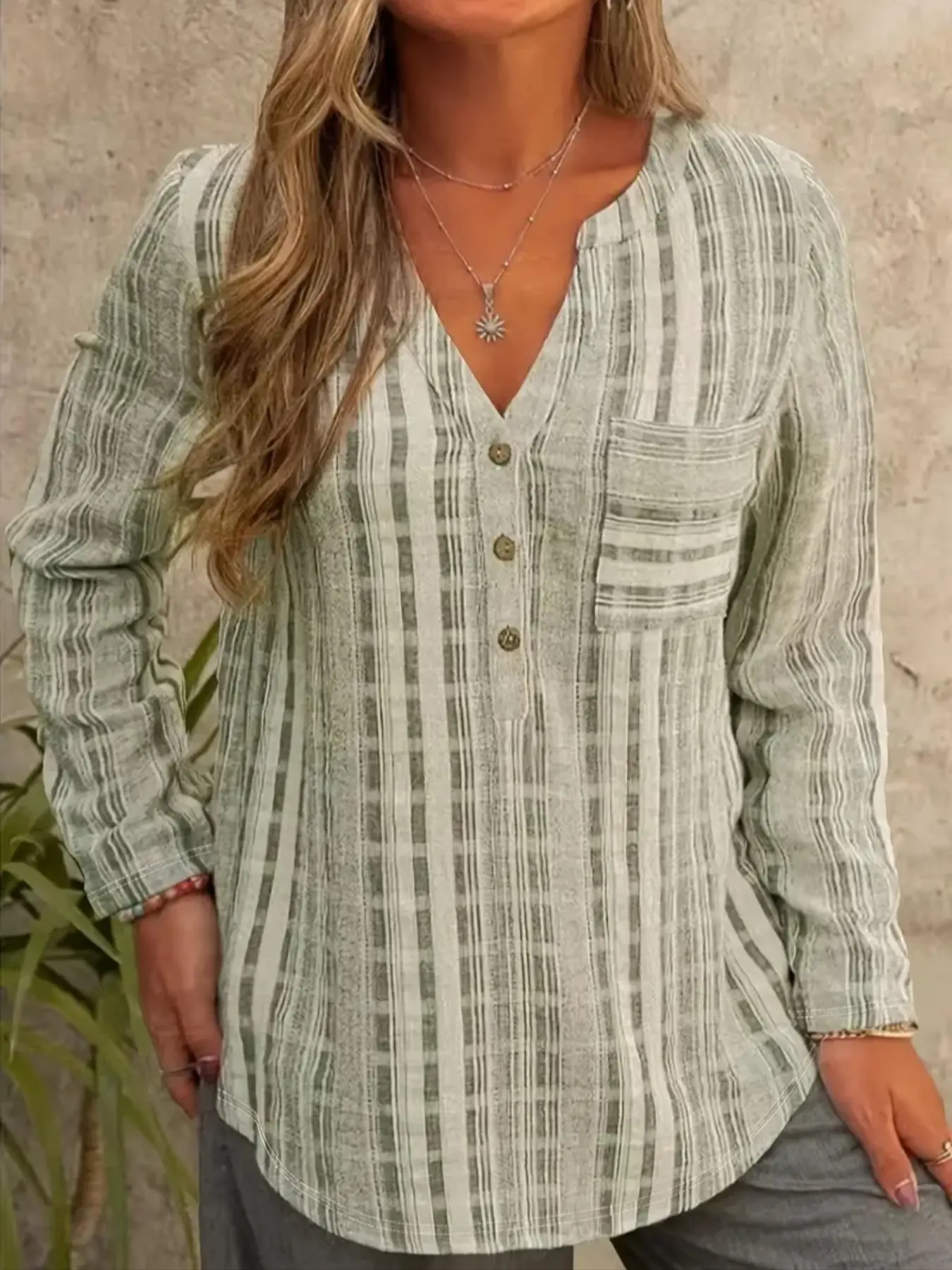 Plus Size All Over Striped Print Notched Blouse, Casual Button Front Pocket Top for Spring & Fall, Women's Clothes for Daily Wear