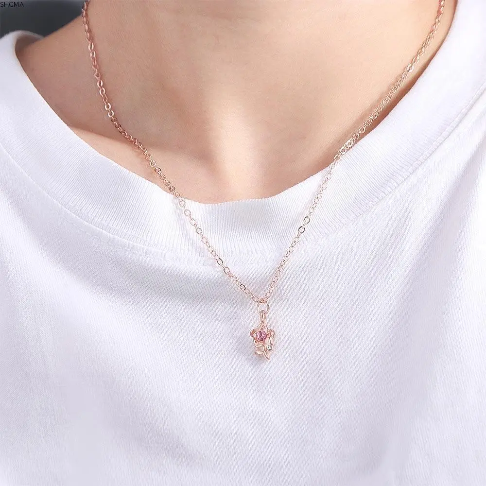 SHGMA French Style Tender 3D Flower Choker Exquisite Romantic Pink Rose Necklace Zinc Alloy Jewelry Clavicle Chain Gift