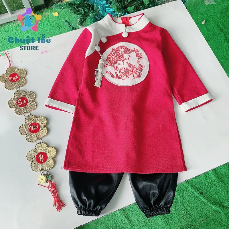 Áo Dài Cách Tân Cho Bé Trai Kèm Quần Chất Nhung Lì có Khánh Đeo Từ 8kg Đến 28kg 4
