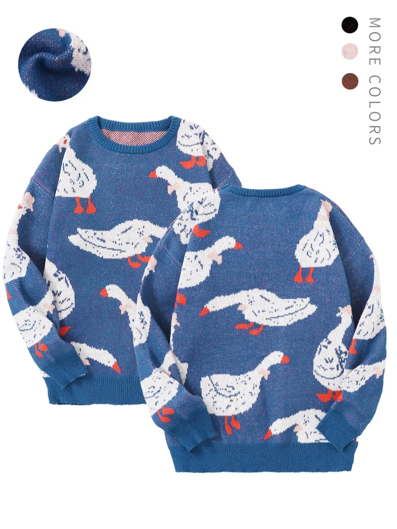 Unisex Men's Cartoon Duck Print Drop Shoulder Sweaters, Fashion Round Neck Long Sleeve Jumper, Men Clothing for Daily Wear