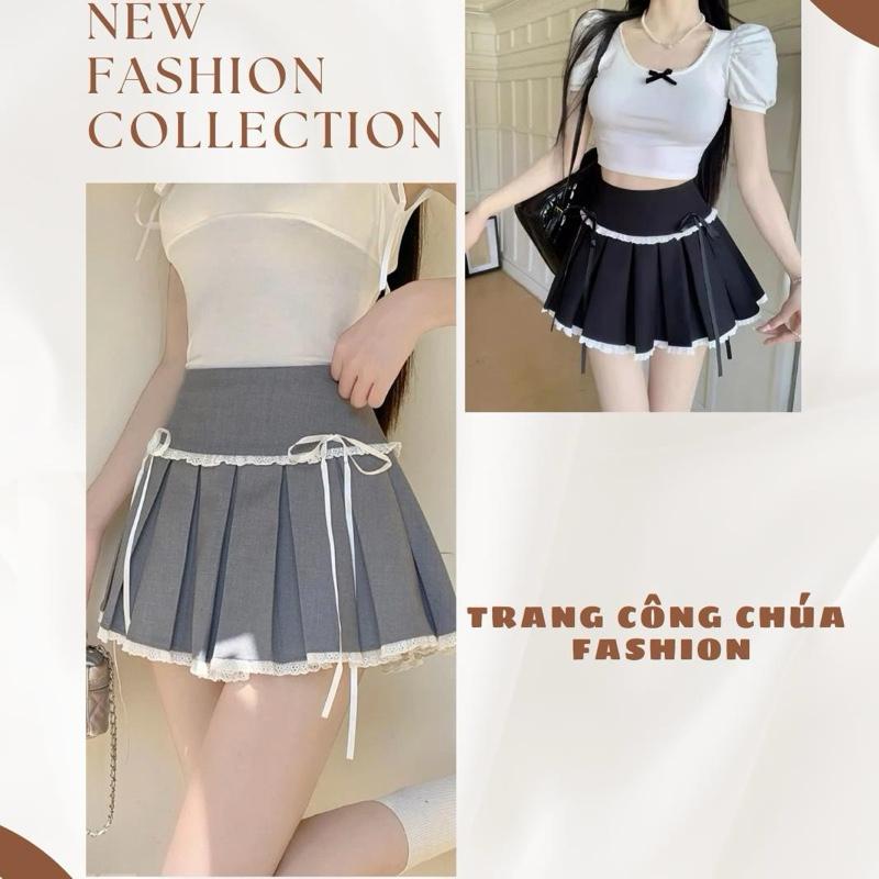 (M26) Chân váy ngắn xếp ly đính nơ dáng xòe phối ren cạp cao basic
