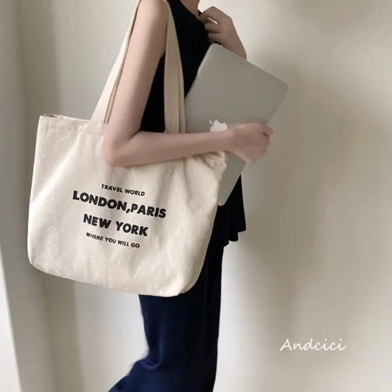 Túi tote vải canvas ulzzang unisex in chữ LONDON PARI đi học đi làm có khoá miệng ngăn phụ nhỏ đựng vừa khổ a4