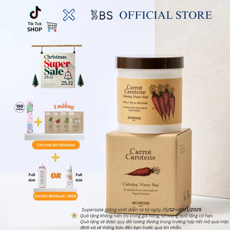 Hộp 60 miếng toner pad Skinfood cà rốt làm dịu mẩn đỏ và mát da Carrot Carotene Calming Water Pad