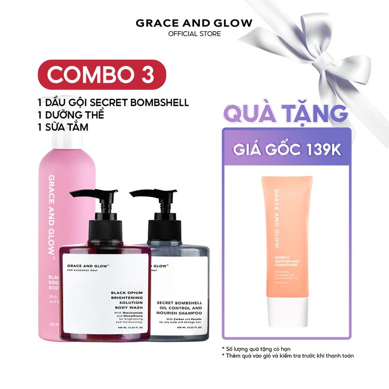 Tặng kèm 1 Kem dưỡng tóc Combo sữa tắm dưỡng thể và dầu gội cho tóc dầu GRACE AND GLOW 400ml +400ml + 300ml Nữ Serum
