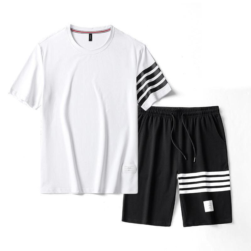 Product Introduction of 2023 New Summer Casual Set Korean Style Trendy Four-Bar Shorts Casual Sports Short T-Shirt Round Neck Short Sleeve Men's Clothing Closed 11