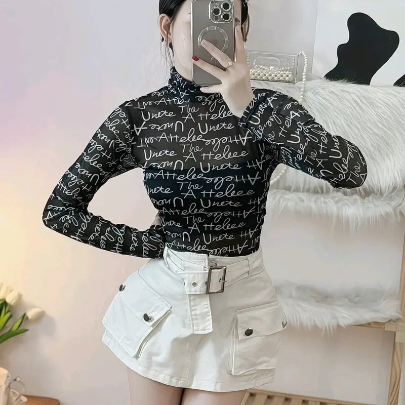 Áo lưới cổ lọ tay dài hoa văn thoải mái ôm body co giãn cho nữ - Women 2