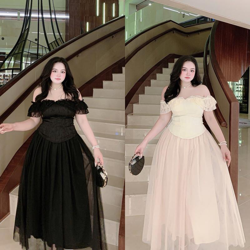 Bộ ren trễ vai chân váy dài 55-90kg Quỳnh Như bigsize  chất lưới tơ kem đen Nữ Voi Áo Women Nhung