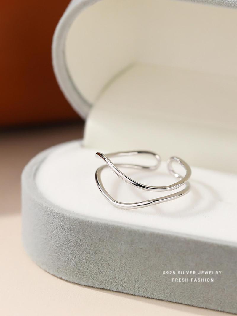 Product Introduction of 925 Sterling Silver Double Layer Hollow Out Cuff Ring, Simple Plain Ring for Women, Fashion Hand Jewelry Accessories for Party, Daily Clothing Decor 3