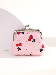 Monedero con patrón de cerezas, lindo billetero para uso diario de mujer, bolsa de almacenamiento de cosas pequeñas con cierre de beso, perfecto como regalo de San Valentín para novia