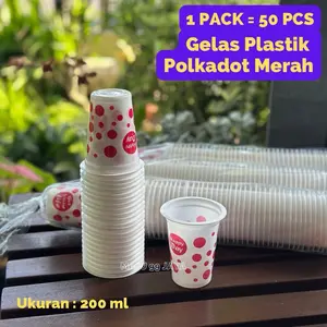 (50 PCS) Gelas Polkadot Tutul Merah uk 200ml - Cup Pesta Acara Bola-Bola Merah - Bahan Plastik