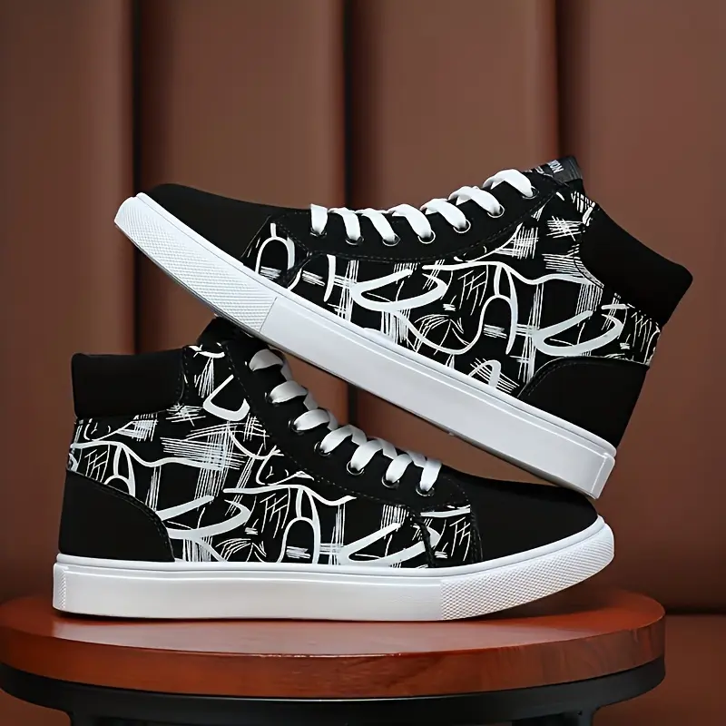 Men's Trendy Street Style High Top Abstract Pattern Skateboard Shoes, Comfy Non Slip Casual Lace Up Sneakers For Men's Outdoor Activities