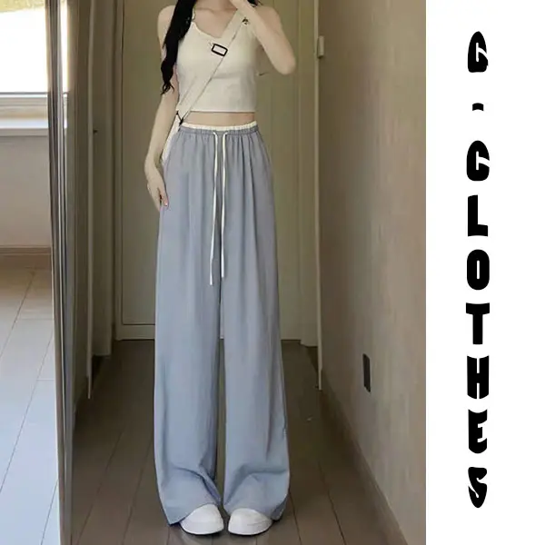 Quần ống suông rộng cạp phối 2 màu có dây rút tôn dáng nữ, chất liệu lụa băng thoáng mát Women Pants 6