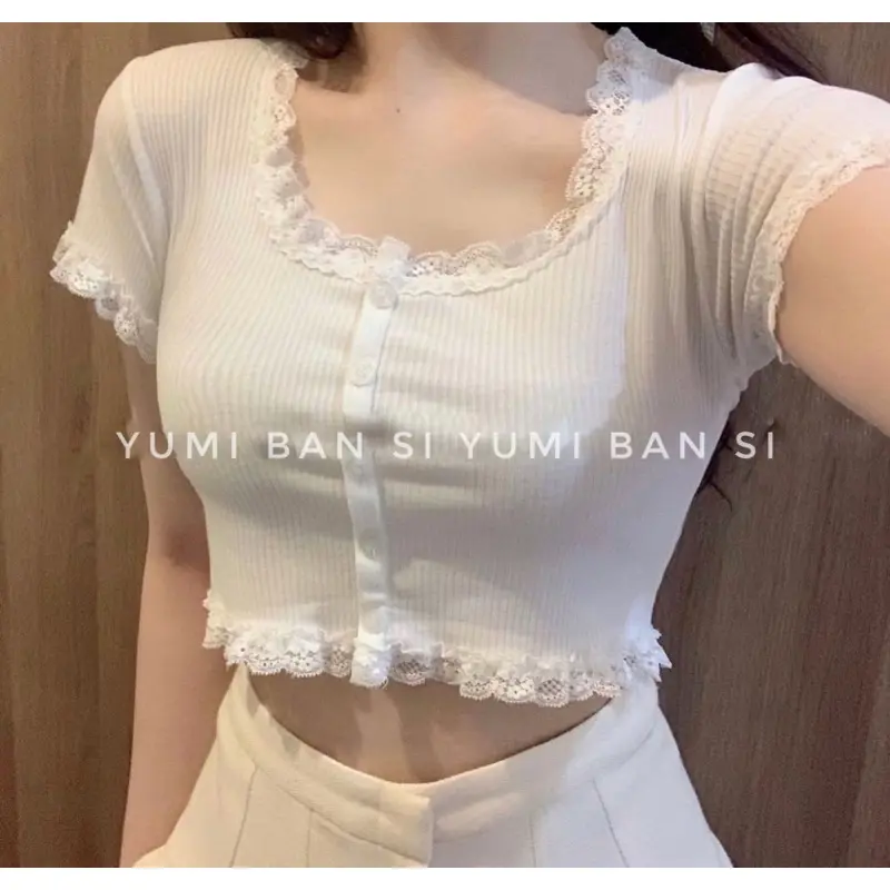 [Ảnh Thật] Áo Croptop Tay Ngắn Viền Ren YUMI BÁN SỈ