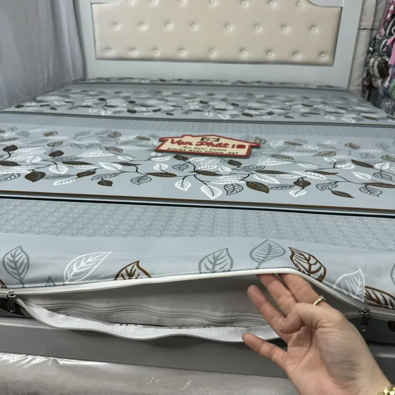 Áo Bọc Nệm Khóa Kéo 2 Mặt Mẫu DÂY LÁ XÁM Thun Lạnh Hàn Quốc 5