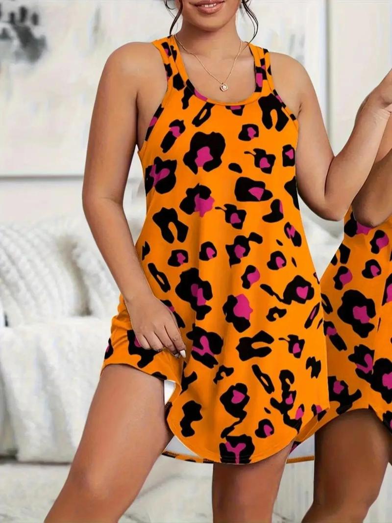 Product Introduction of Plus Size Leopard Print Asymmetrical Hem Tank Dress, Ladies Dresses Summer, Plus Casual Scoop Neck Sleeveless Dress for Summer, Women's Plus Summer Clothes for Daily Wear 1