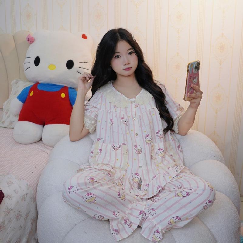  bộ ngủ nữ tiểu thư cổ tròn bèo cộc dài vải đũi bông mây mùa hè mặc đi ngủ mát mẻ thoải mái Women Quần Ngủ Áo Ngủ Cotton 