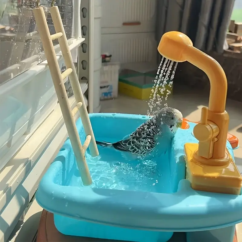Easy-Clean Parrot Bath Tub - Mess-Free, Self-Cleaning Shower for Small Birds with 18 Bonus Toys, Durable PC Material