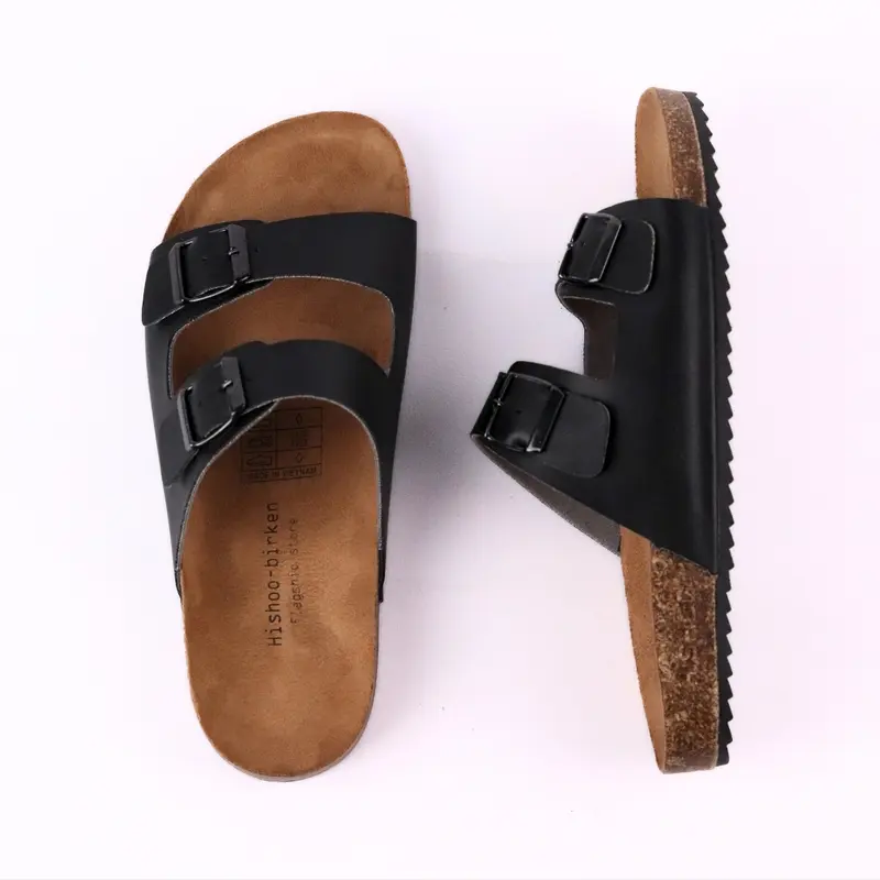 Dép đế trấu birken nam nữ unisex 2 khóa da PU tổng hợp lót da lộn size 35-43 chính hãng Hishoo S093 8