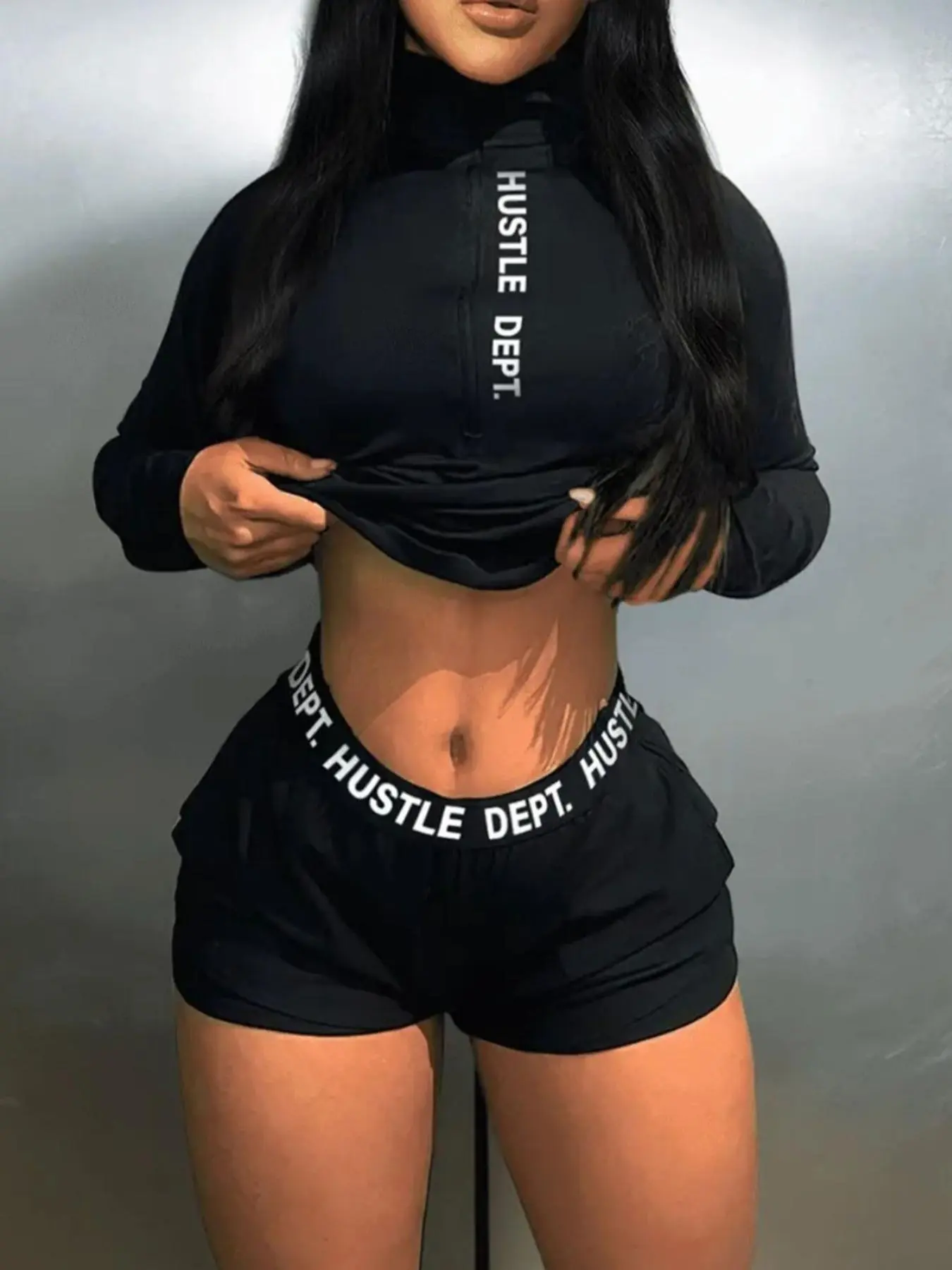 Women's Letter Print Long Sleeve Tee & Zipper Pocket Shorts Set, Casual High Neck T-shirt & Tape Shorts for Spring & Fall & Winter , Ladies Clothes for Daily Wear Valentine's Day, Gift