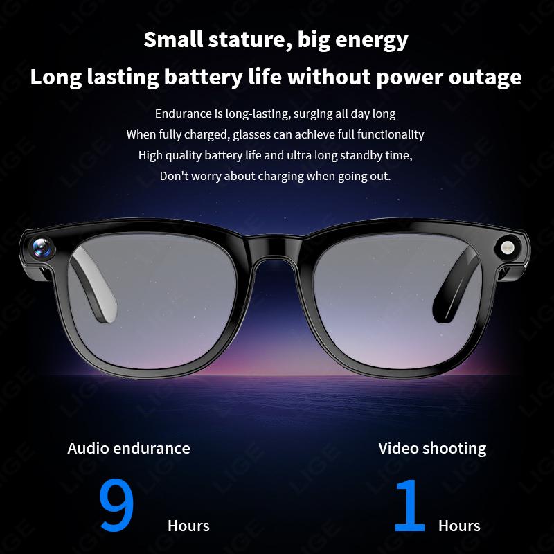 LIGE AI 800W Camera Smart Glasses 1080P HD Video Recording Translation Object Recognition Bluetooth Call Music Sunglasses Lenses