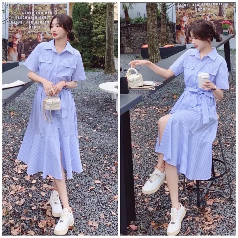 Đầm sọc xanh túi hộp đuôi cá