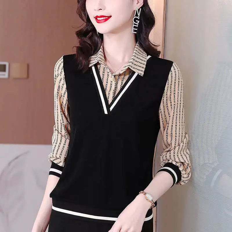 Áo Sơ Mi Nữ, Thời Trang Mới Mùa Xuân Và Mùa Thu 2023, Dễ Phối Đồ Dáng Rộng Vừa Vặn, Áo Thun Dài Tay, Áo Lót Ghép Nối, Thời Trang Nhung Women Top Voi
