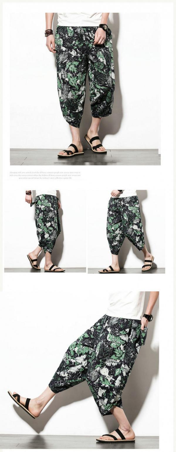 Product Introduction of Wind Cotton Linen Harem Pants Summer Beach Cropped Pants Men's Loose plus Size Bloomers Wind Flower Pants Trendy sweat  shorts jorts  pants linen  shorts  men 7