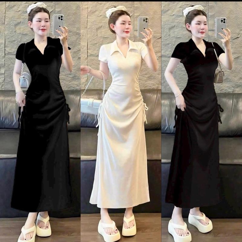 3Q452 Đầm Body Nữ Dáng Dài Cổ Bẻ Rút Dây 2 Bên Thun Gân Co Giãn (eo 65-85cm) Dress, Women, Kem váy  ôm