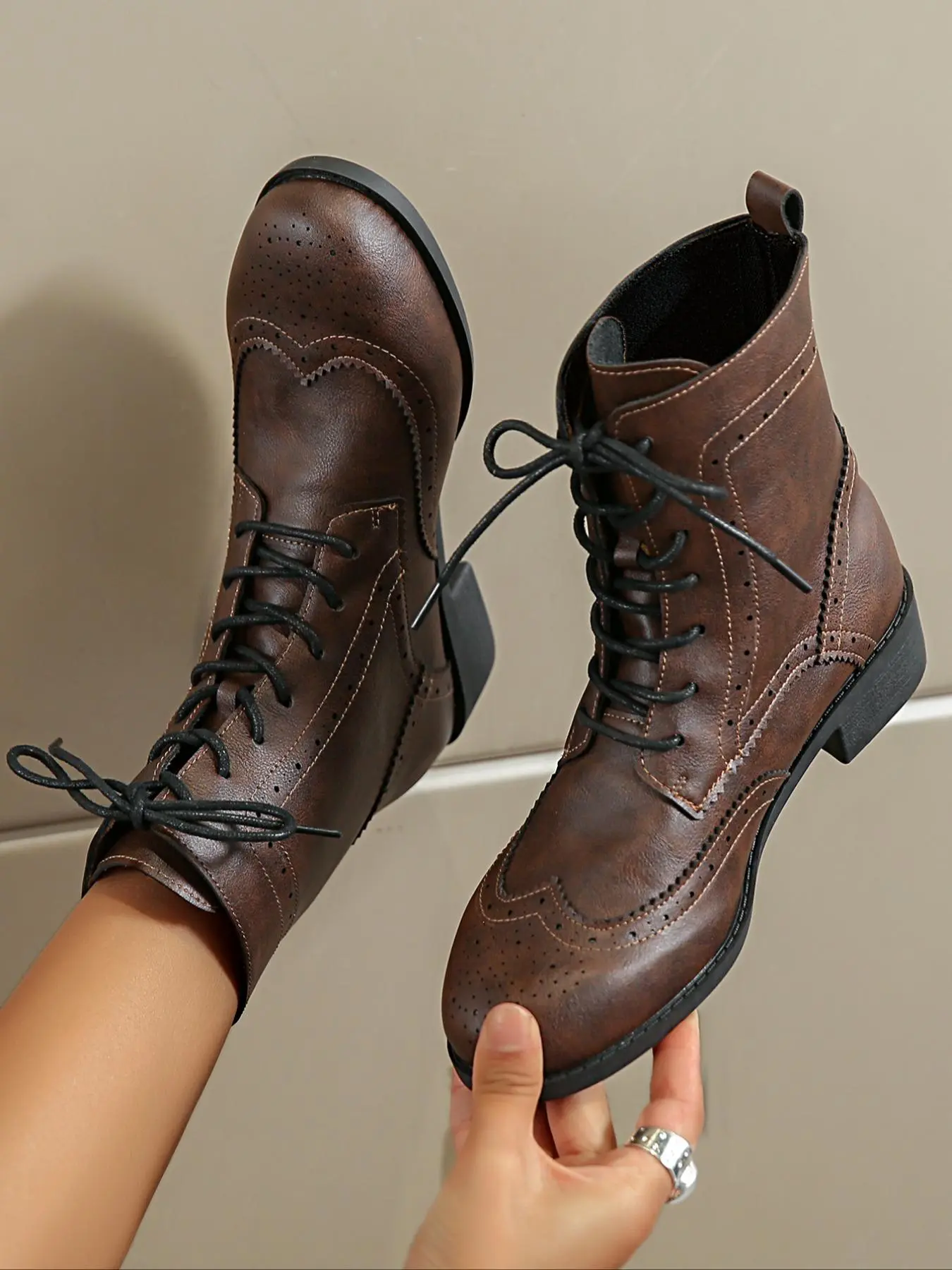 Women's Fashionable Retro Style Patched Design Boots, Vintage Comfortable Lace Up Mid-Calf Boots for Daily Wear, Perfect for Students and Outdoor