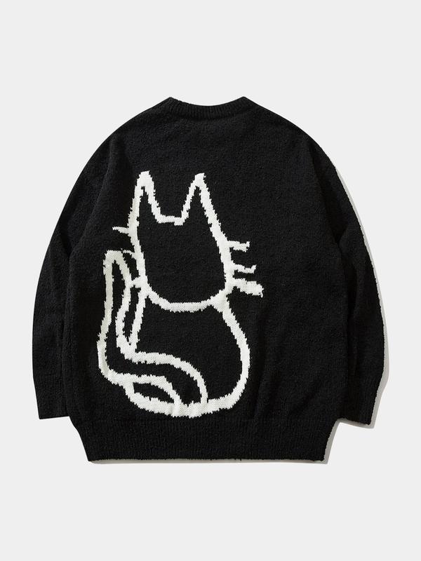 Men's Cartoon Cat Print Drop Shoulder Sweater, Loose Casual Long Sleeve Round Neck Jumper for Fall & Winter, Knitting Tops, Sweater for Women, Valentine's Day Gift for Men, Men's Knitwear for Daily Wear, Weekend Sweater 3