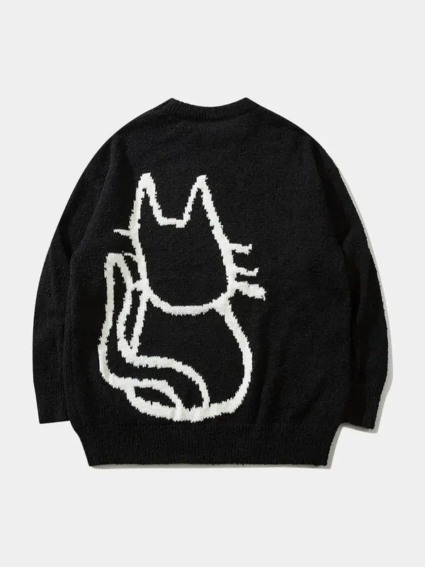 Men's Cartoon Cat Print Drop Shoulder Sweater, Loose Casual Long Sleeve Round Neck Jumper for Fall & Winter, Knitting Tops, Sweater for Women, Valentine's Day Gift for Men, Men's Knitwear for Daily Wear, Weekend Sweater 3