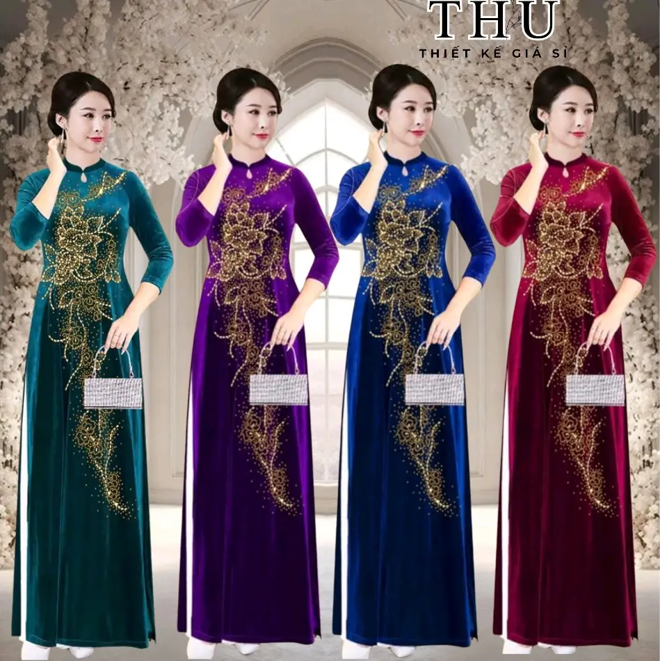 Áo dài quý bà đính pha lê cao cấp (Chưa kèm quần)