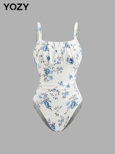 YOZY Women's Floral Print Ribbed Bodysuit, Casual Fashion Sleeveless Straps Bodysuit for Beach Holiday Vacation, Ladies Clothes for All Seasons