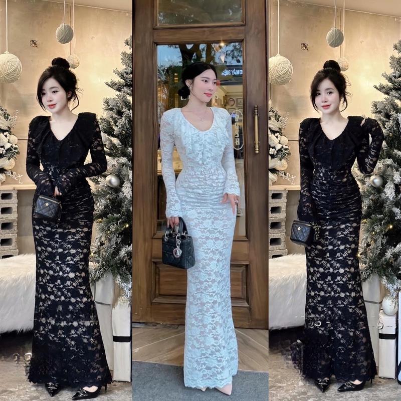 Váy Ren Thiết Kế Cổ V Viền Bèo Maxi Dáng Dài Mặc Đi Tiệc Đám Cưới Sang Chảnh Women Dress Nữ