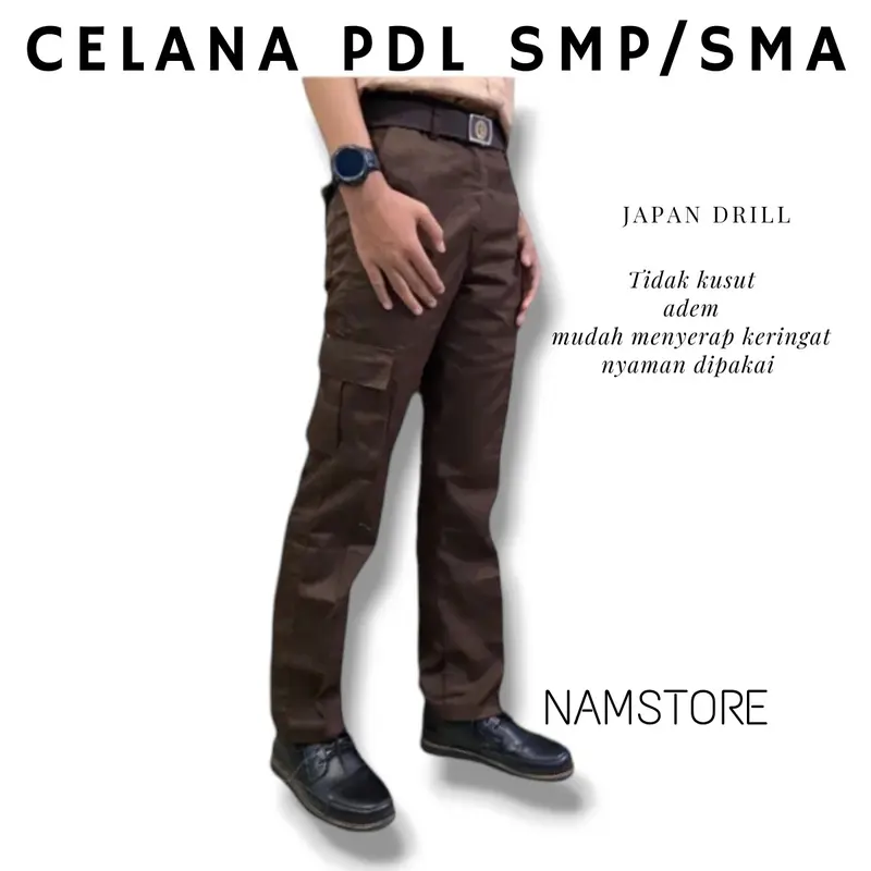 Celana PDL/Gamlok/Gembol Cargo Pria Sekolah SMP/SMA Kain Drill Namstore Collection - Dewasa, Katun, Formal, Fit, Slim, Coklat, Kantor 0