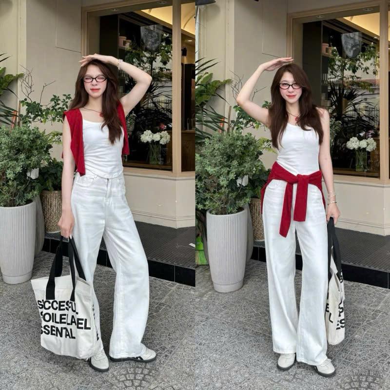 DiipStore - Quần Jeans Trắng Ống Rộng Suông Dáng Dài Cạp Cao Basic Nữ 1