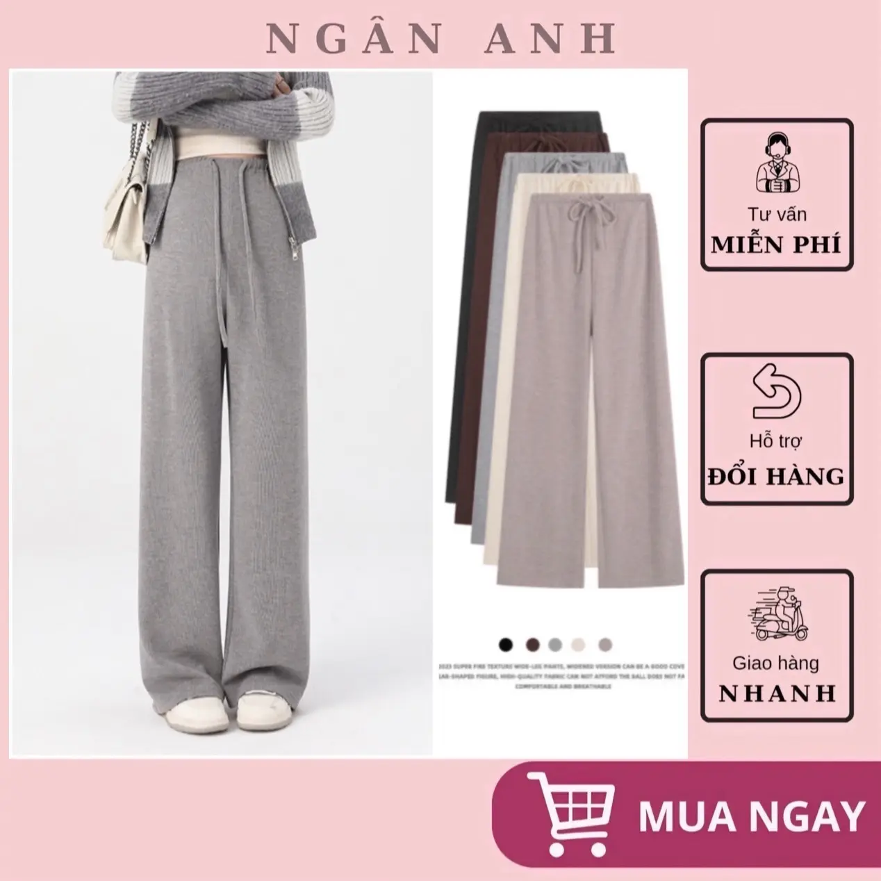 [Ngân Anh]Quần Bầu dây rút ống rộng cho Mẹ Bầu Thu Đông thời trang, chất nỉ lông thỏ