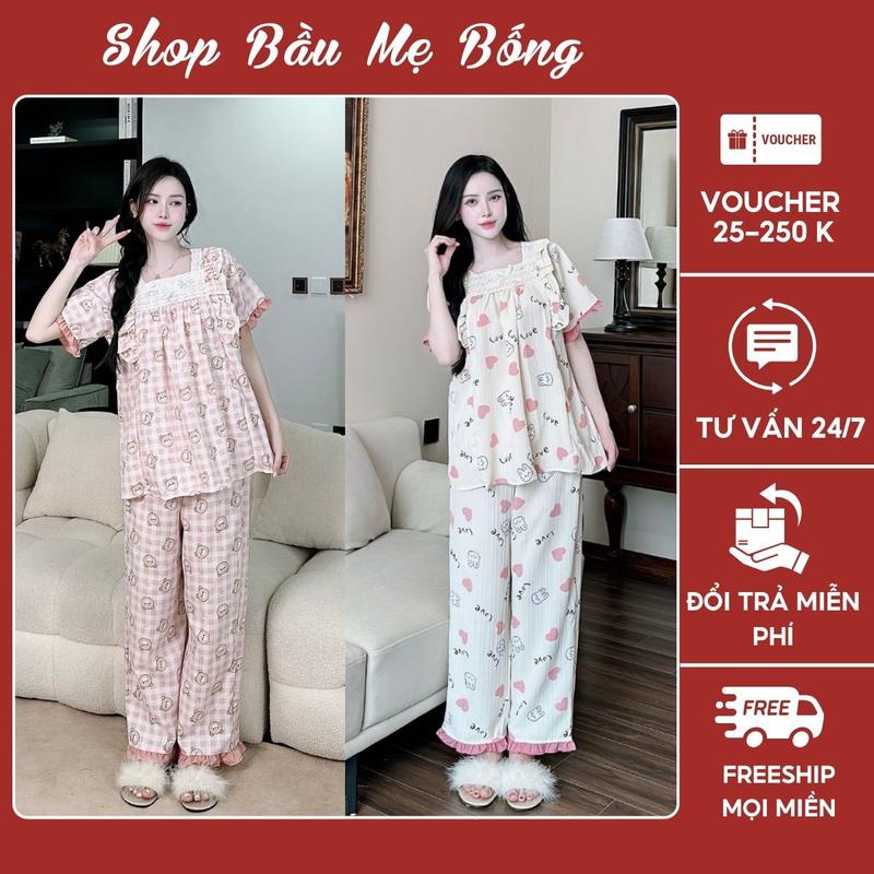 Combo 2 Bộ Bầu Và Sau Sinh Chất Liệu Đũi Gân Tay Cộc Quần Dài Dáng Babydoll Thiết Kế Cổ Vuông Phối Ren Nơ Dành Riêng Cho Mẹ Bầu Mặc Thoải Mái, Thoáng Mát Váy Bầu Đầm Bầu