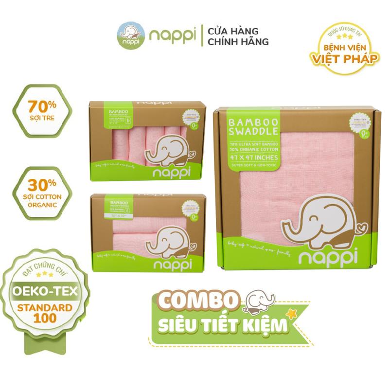   DEAL LIVE  COMBO 3 MẪU Khăn Sợi Tre Nappi Cao Cấp Cho Bé Khăn Sữa Nappi  30x30cm  + Khăn Tắm Nappi  120x120cm  + Khăn Đa Năng Nappi  77x77cm  