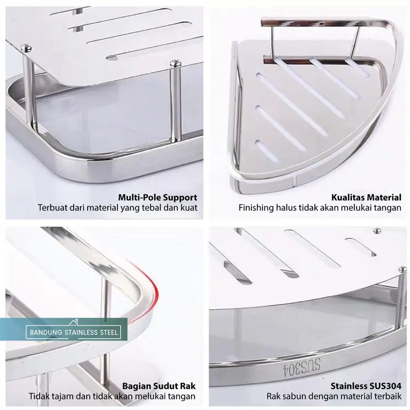 sus 304 rak sabun persegi 2 susun kamar mandi tempat shampo serbaguna stainless steel dinding 2
