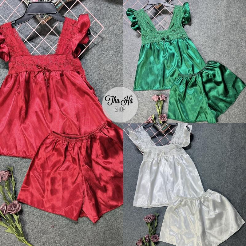 Bộ đùi phi lụa hai tay cánh tiên phối ren,quần đùi chất phi lụa mềm (40-58kg) Trơn Mùa hè